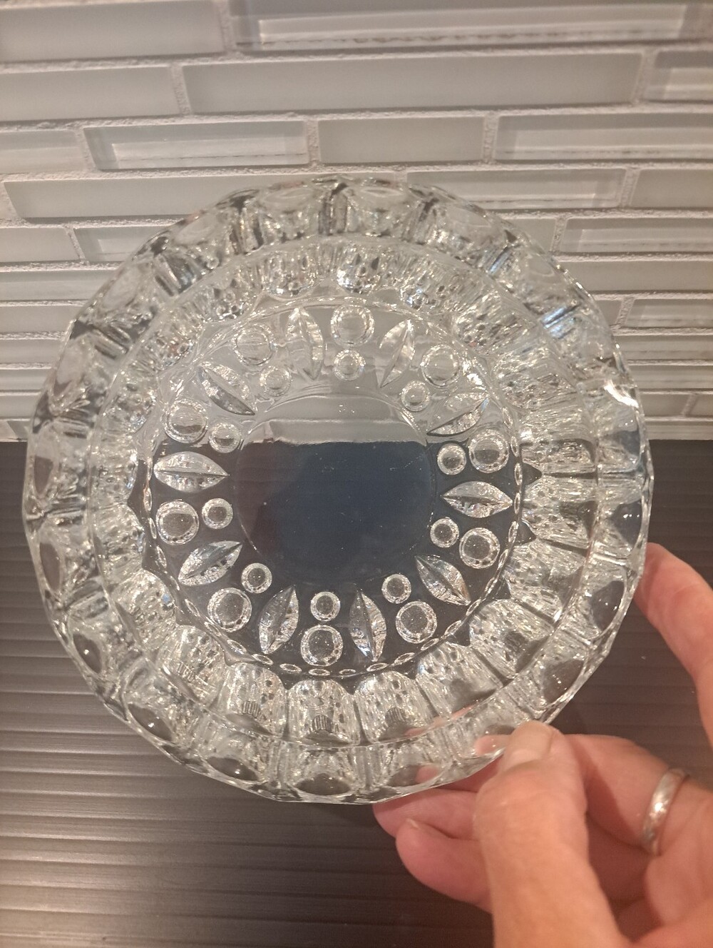 Vtg KIG Indonesia Heavy Clear Crystal Glass Thumbprint Ashtray-Trinket Dish - Picture 3 of 6